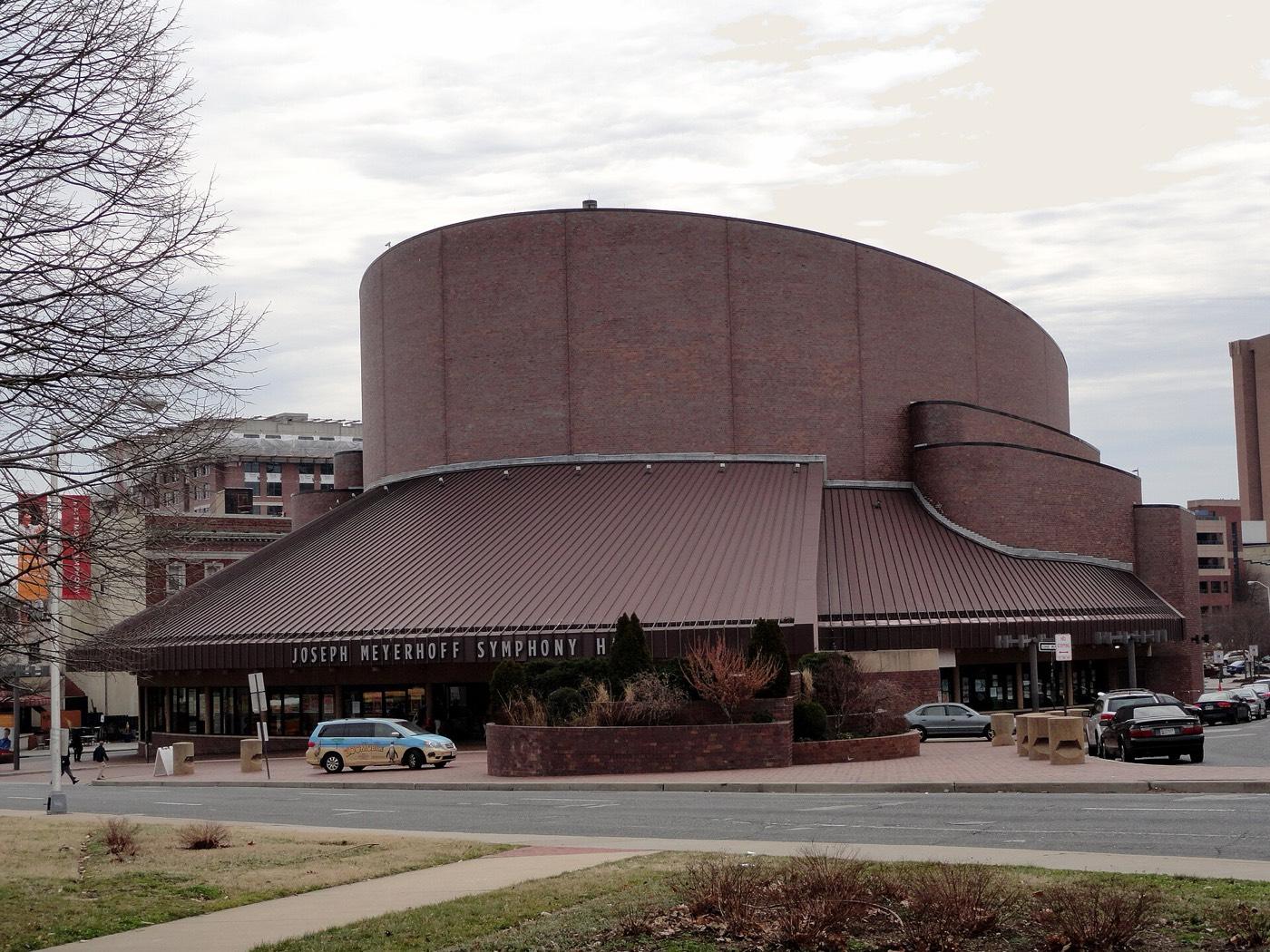 The round brick drum of the Joseph Meyerhoff Symphony Hall