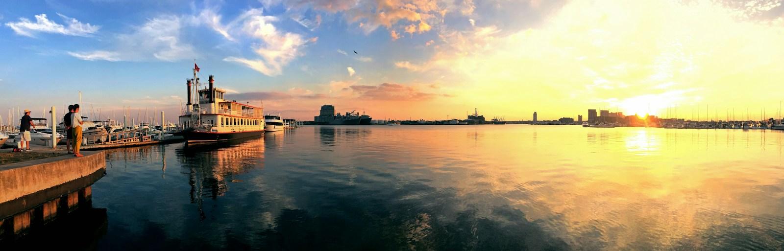 Sunset over the harbor from the Canton waterfront promenade