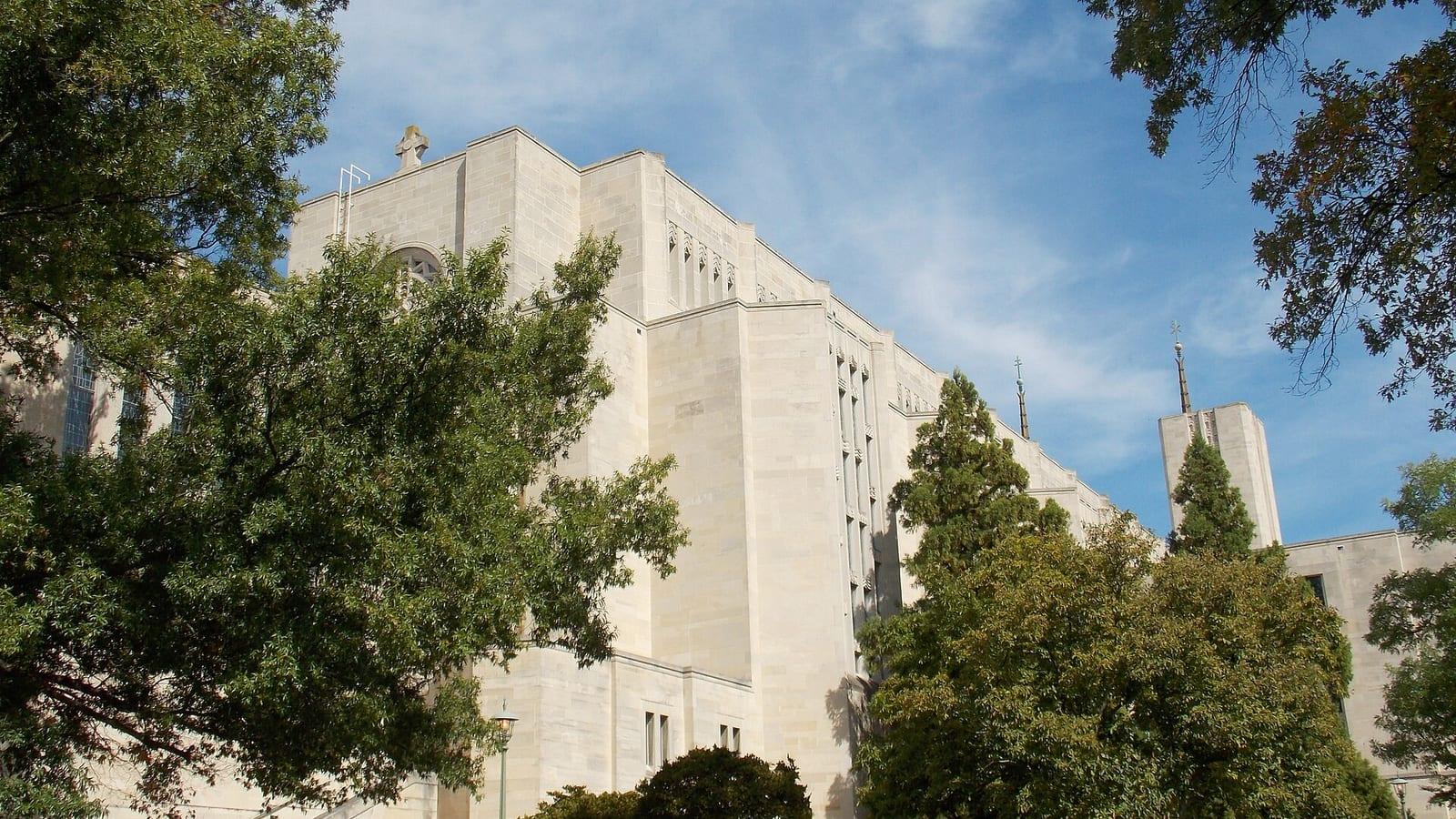 The pale limestone Cathedral of Mary Our Queen behind trees on a clear autumn day