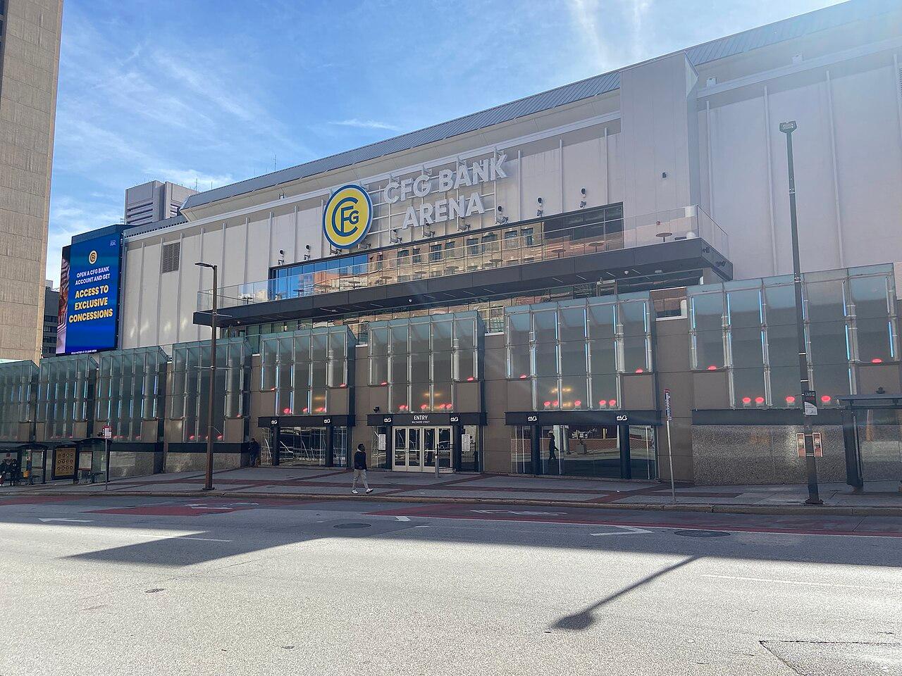 The north entrance of CFG Bank Arena on Baltimore Street, with its name across the front