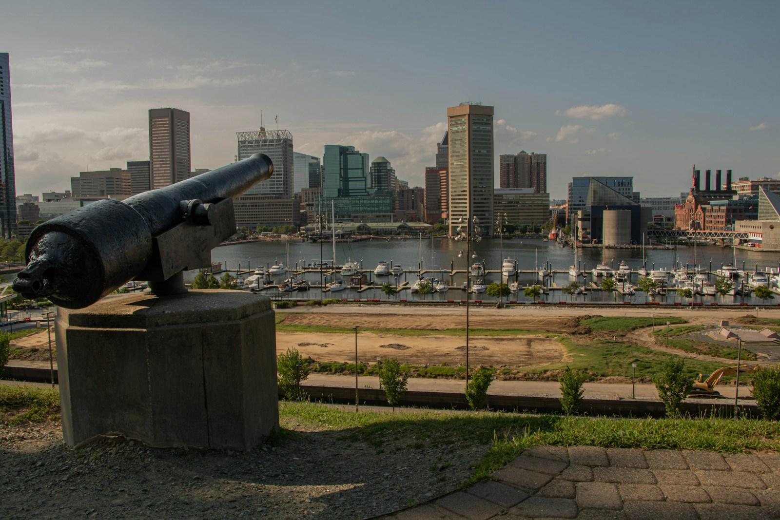 The cannon at Federal Hill Park overlooking the Inner Harbor skyline