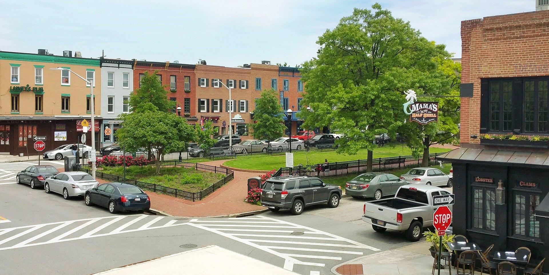 O'Donnell Square with Mama's on the Half Shell's mermaid sign