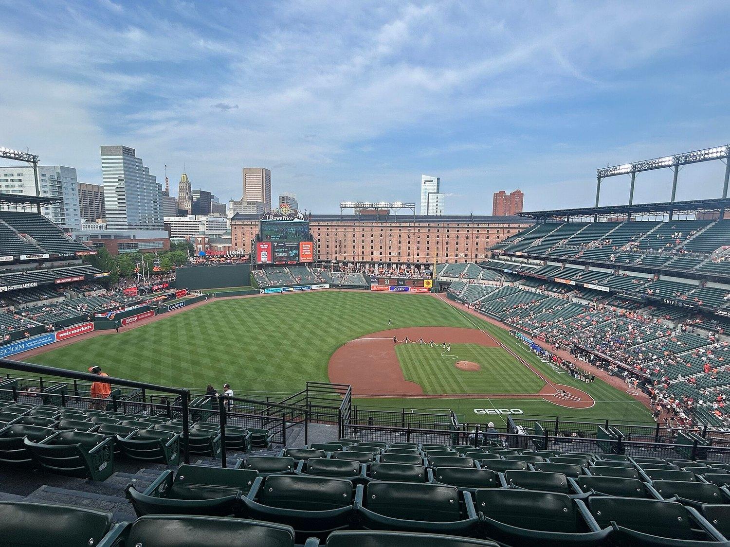 Oriole Park from the seats behind the plate, the outfield open to the downtown skyline beyond it