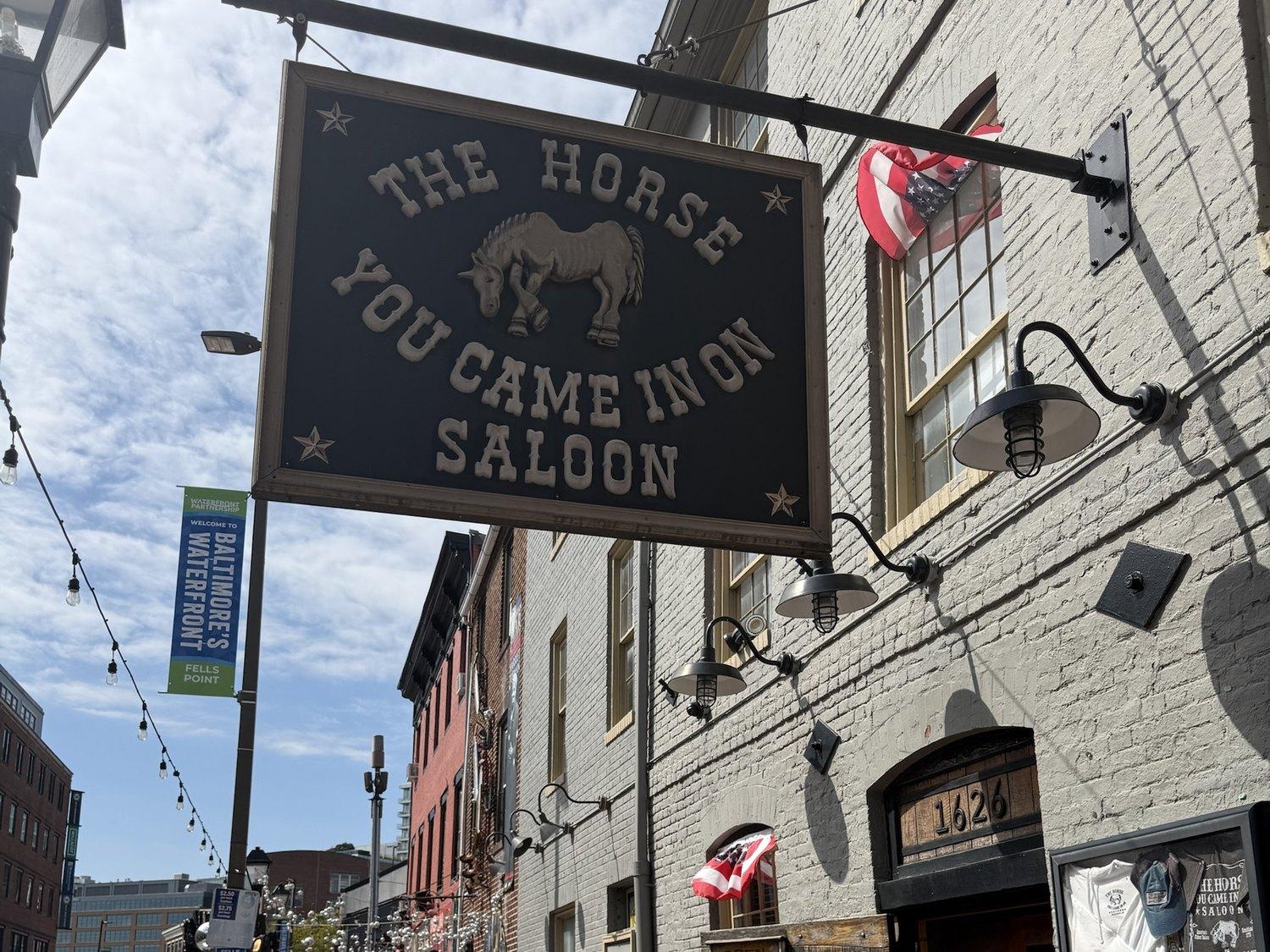 The Horse You Came In On Saloon's hanging sign above the 1626 Thames Street doorway