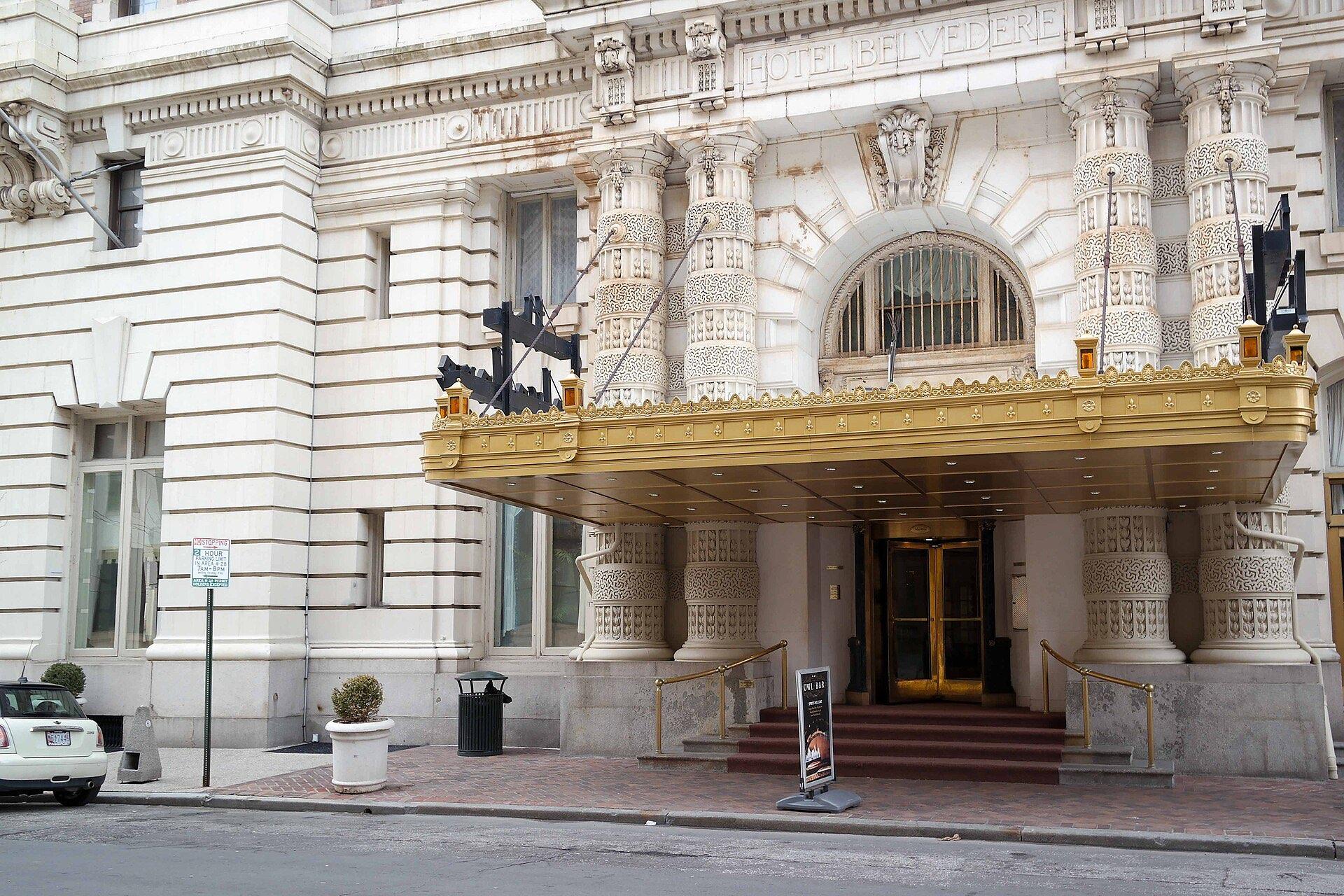 The Belvedere's gold entrance canopy, home of the Owl Bar